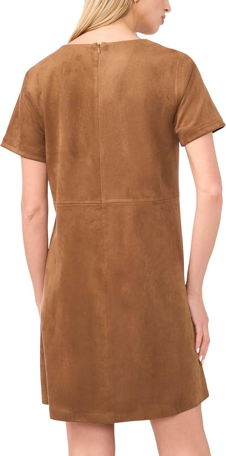 image:imageVince Camuto Womens Short Sleeve Panneled Shift Mini Dress with Exposed StitchingCamel