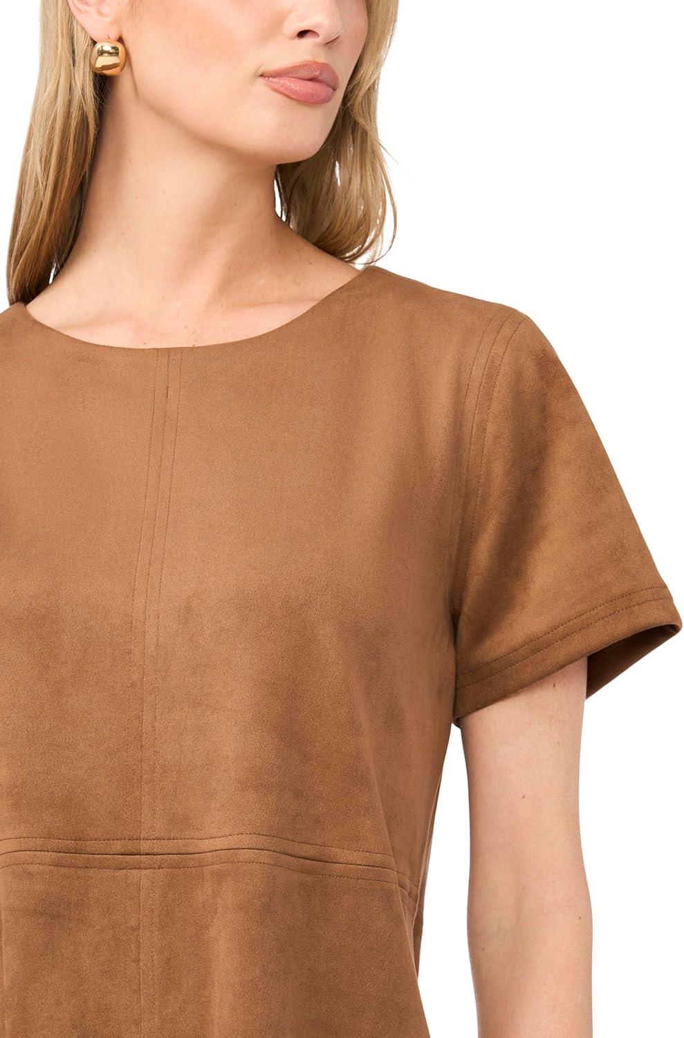 image:imageVince Camuto Womens Short Sleeve Panneled Shift Mini Dress with Exposed StitchingCamel