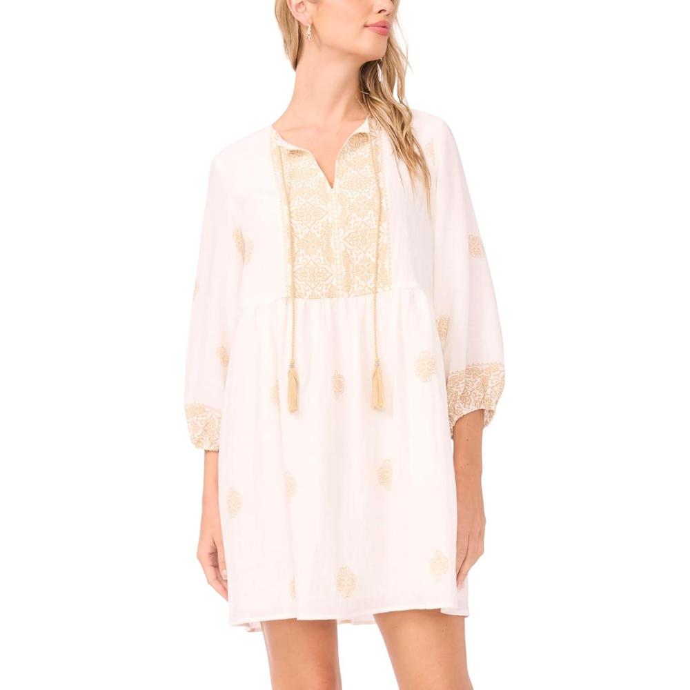 image:imageVince Camuto Womens 34 Sleeve Embroidery Neck Tie Mini DressCamel