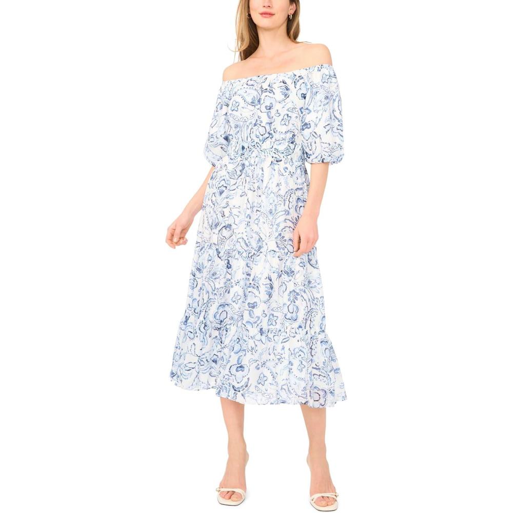 image:imageVince Camuto Womens Off the Shoulder Puff Sleeve Smocked Waist Midi DressFrosting Blue