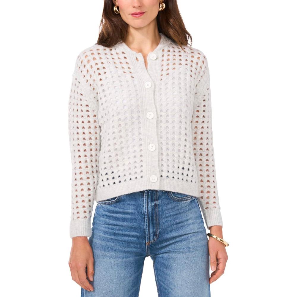 image:imageVince Camuto Womens Pointelle Long Sleeve CardiganSilver Heather