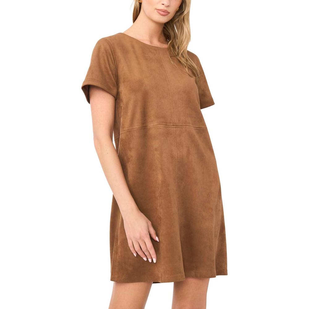 image:imageVince Camuto Womens Short Sleeve Panneled Shift Mini Dress with Exposed StitchingCamel