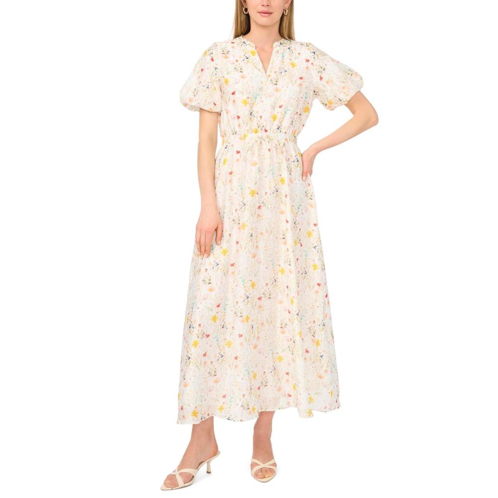 image:imageVince Camuto Womens Tie Waist Split Neck Short Sleeve Maxi DressUltra White