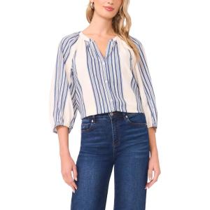 Vince Camuto Women’s 3/4 Sleeve Striped Linen Raglan Button Down Blouse(Denim)