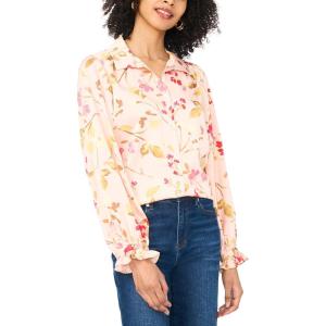 Vince Camuto Women’s Floral Long Sleeve Button Down Ruffle Cuff Blouse(Cozy Peach)