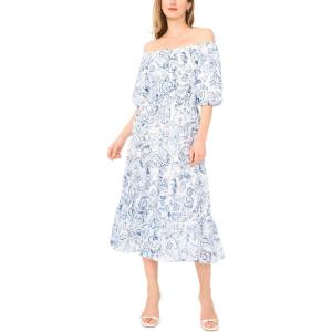 Vince Camuto Women’s Off the Shoulder Puff Sleeve Smocked Waist Midi Dress(Frosting Blue)