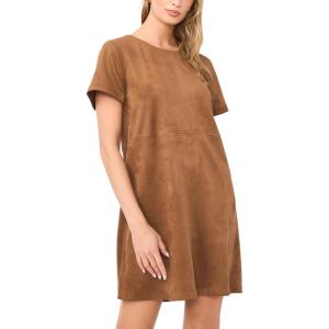 Vince Camuto Women’s Short Sleeve Panneled Shift Mini Dress with Exposed Stitching(Camel)