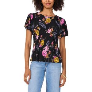 Vince Camuto Women’s Short Sleeve Smocked Waist Panel Printed Tee(Rich Black)