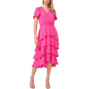 Vince Camuto Women’s V-Neck Four Tier Layered Midi Dress(Raspberry Sorbet)