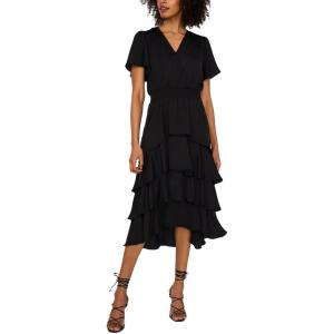 Vince Camuto Women’s V-Neck Four Tier Layered Midi Dress(Rich Black)