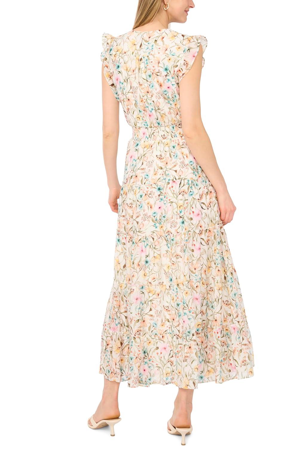 image:imageVince Camuto Womens Ruffled Sleeves VNeck Tiered Maxi DressAntique White