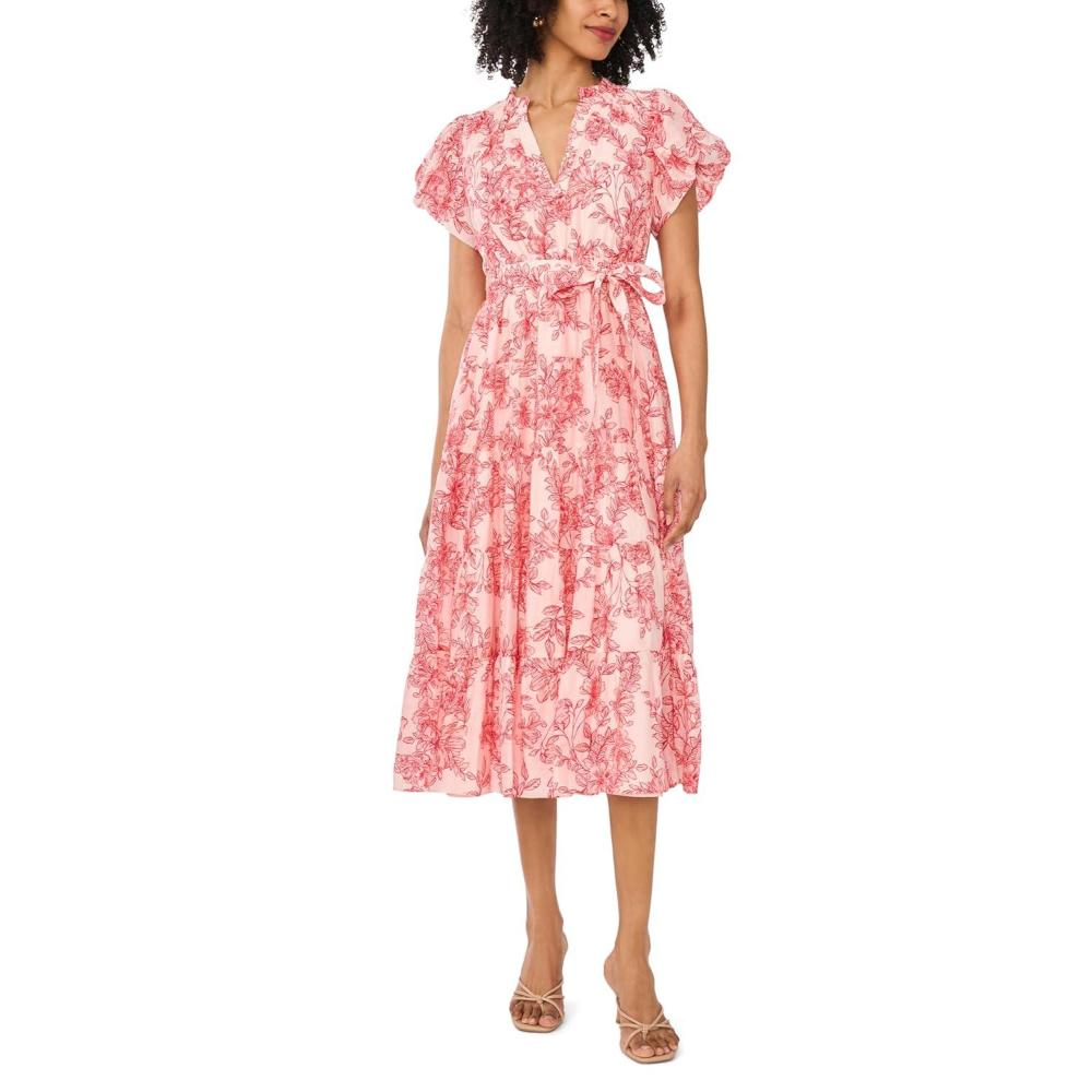 image:imageVince Camuto Womens Floral Notch Neck Short Sleeve Midi DressSummer Rose