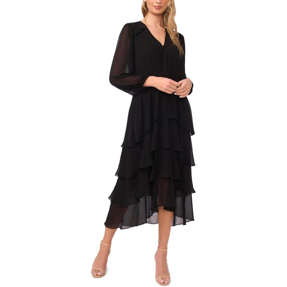 image:imageVince Camuto Womens Tiered Ruffle VNeck Long Sleeve Smocked Waist Midi DressRich Black