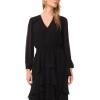 Vince Camuto Women’s Tiered Ruffle V-Neck Long Sleeve Smocked Waist Midi Dress(Rich Black)