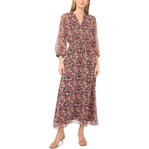 Vince Camuto Women’s 3/4 Puff Sleeve V-Neck Smocked Waist Maxi Dress(Classic Navy)