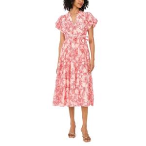 Vince Camuto Women’s Floral Notch Neck Short Sleeve Midi Dress(Summer Rose)
