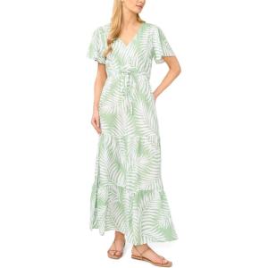 Vince Camuto Women’s Leaf Print Tie Waist Cap Sleeve Tiered Maxi Dress(Sage)