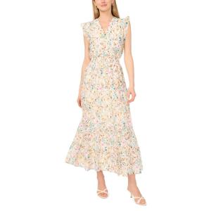 Vince Camuto Women’s Ruffled Sleeves V-Neck Tiered Maxi Dress(Antique White)