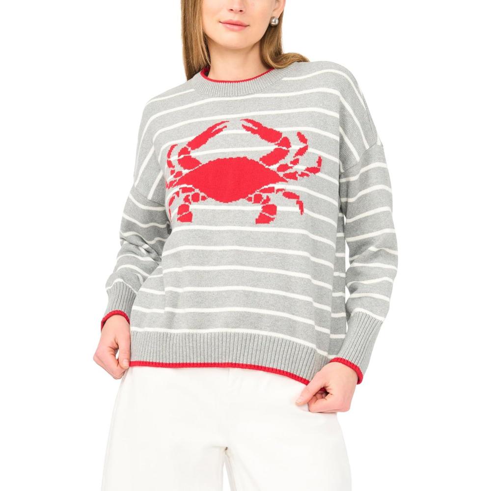 image:imageVince Camuto Womens Crab Motif Striped Crew Neck Long Sleeve SweaterLight Heather Grey