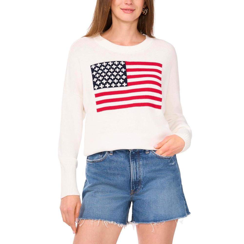 image:imageVince Camuto Womens Flag Print Long Sleeve Crew Neck SweaterAntique White