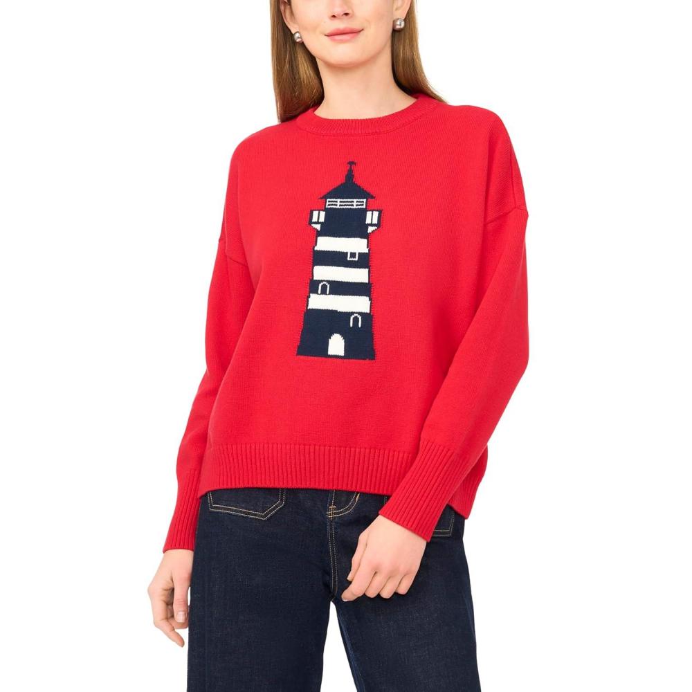 image:imageVince Camuto Womens Lighthouse Motif Crew Neck Long Sleeve SweaterRacing Red