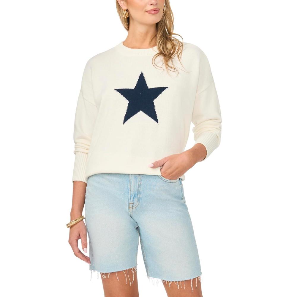 image:imageVince Camuto Womens Star Motif Crew Neck Long Sleeve SweaterAntique White