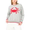 Vince Camuto Women’s Crab Motif Striped Crew Neck Long Sleeve Sweater(Light Heather Grey)