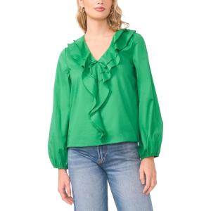 Vince Camuto Women’s Double Ruffle Front V-Neck Long Sleeve Blouse(Field Green)