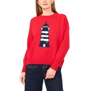 Vince Camuto Women’s Lighthouse Motif Crew Neck Long Sleeve Sweater(Racing Red)