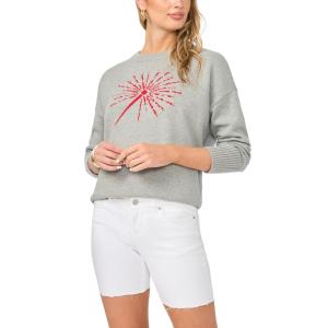 Vince Camuto Women’s Sparkler Motif Crew Neck Long Sleeve Sweater(Light Heather Grey)