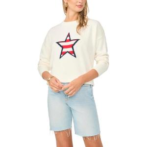 Vince Camuto Women’s Striped Star Crew Neck Long Sleeve Sweater(Antique White)