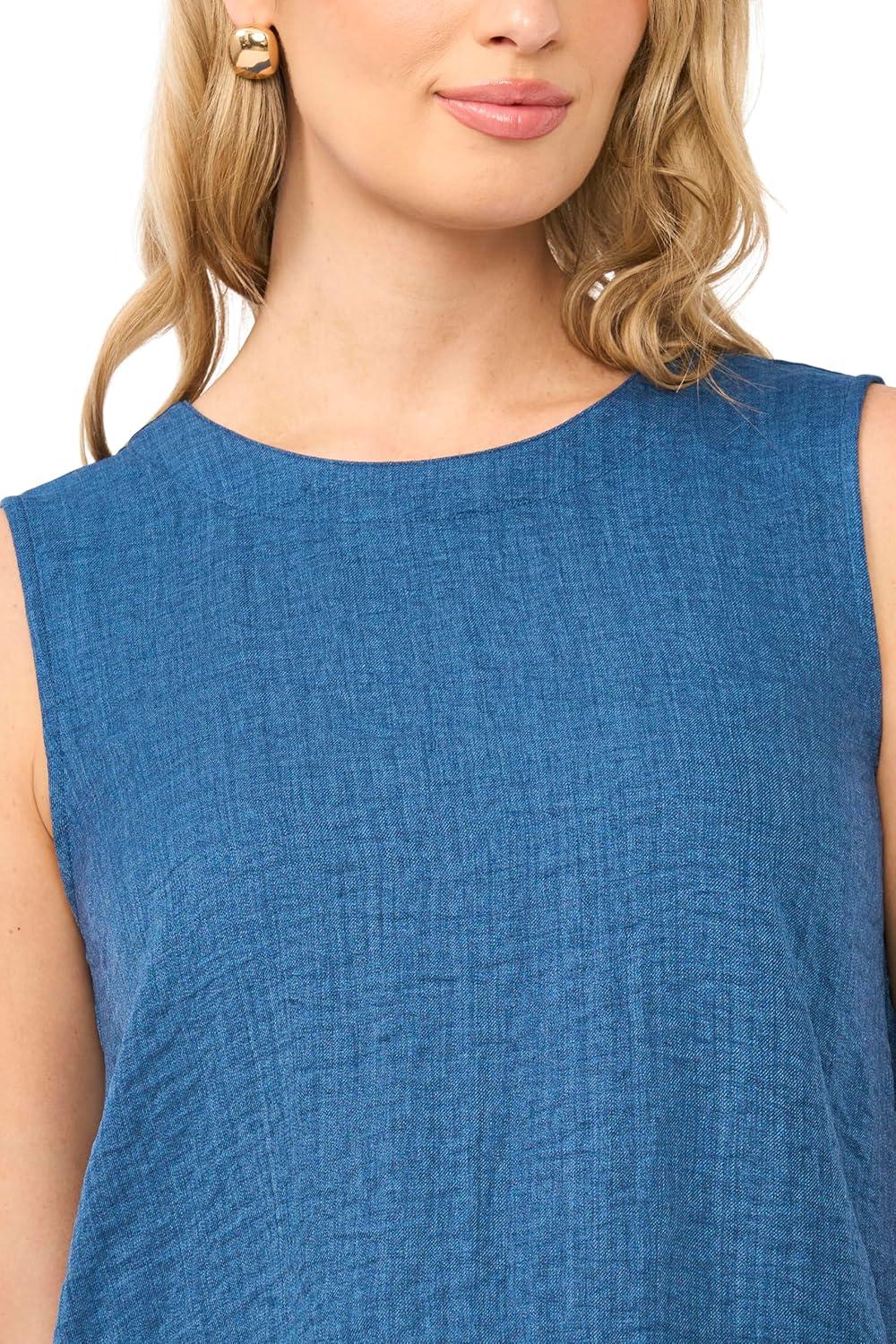 image:imageVince Camuto Womens Faux Denim Crepe Sleeveless Crew Neck TopDeep Blue