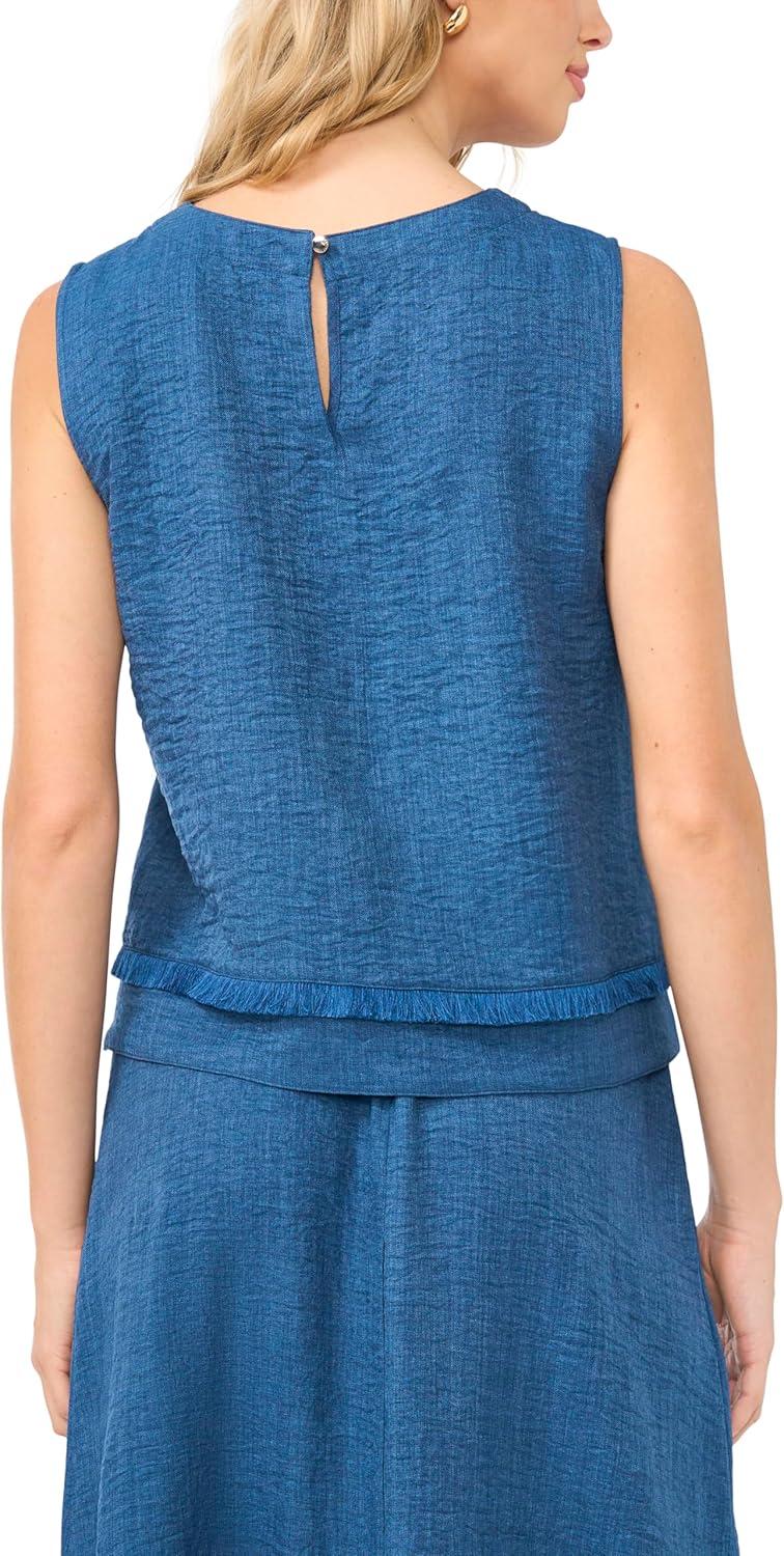 image:imageVince Camuto Womens Faux Denim Crepe Sleeveless Crew Neck TopDeep Blue