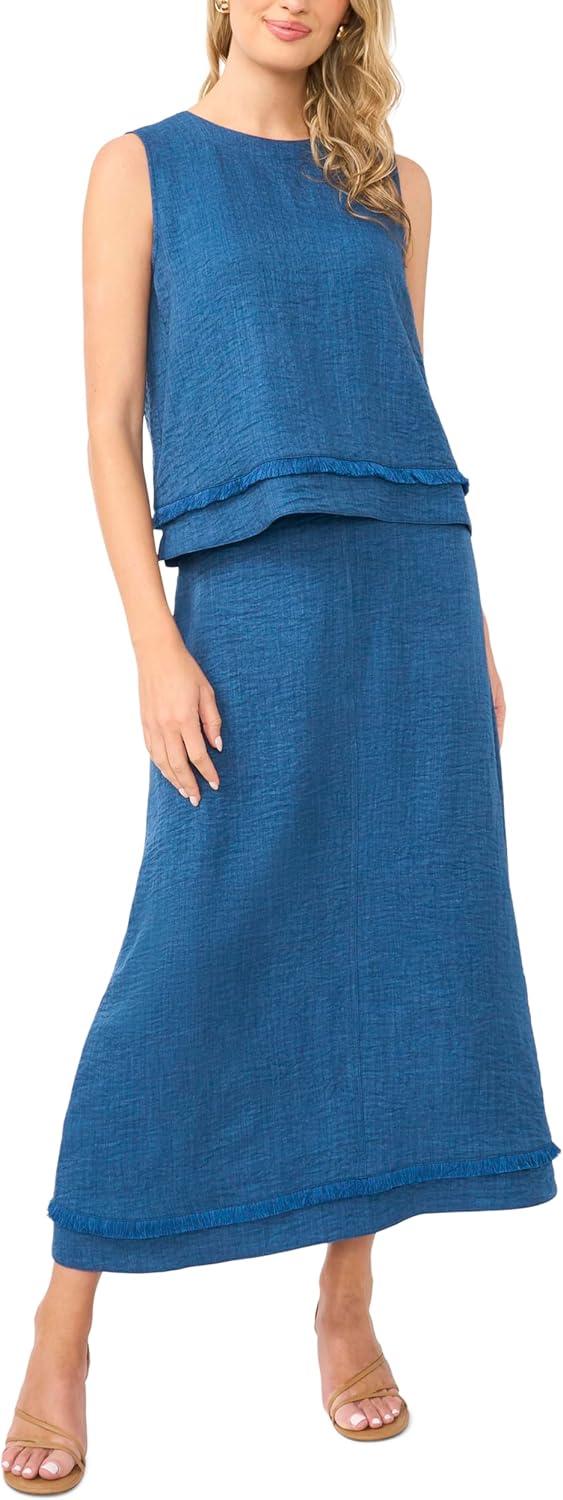 image:imageVince Camuto Womens Faux Denim Crepe Sleeveless Crew Neck TopDeep Blue