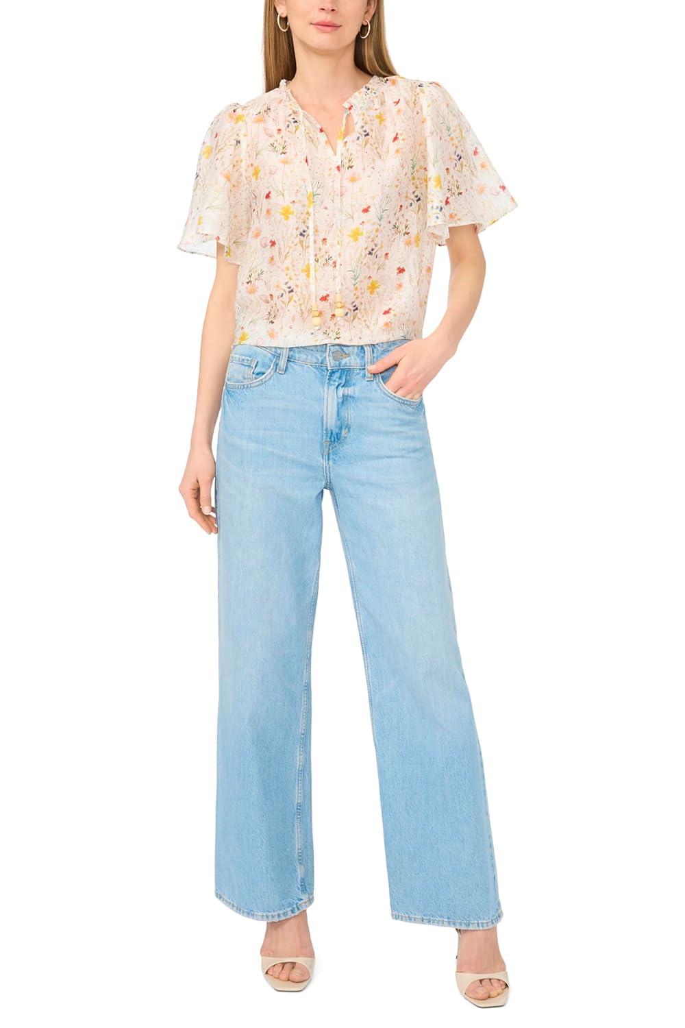 image:imageVince Camuto Womens Floral Print Tie Neck 34 Sleeve BlouseUltra White
