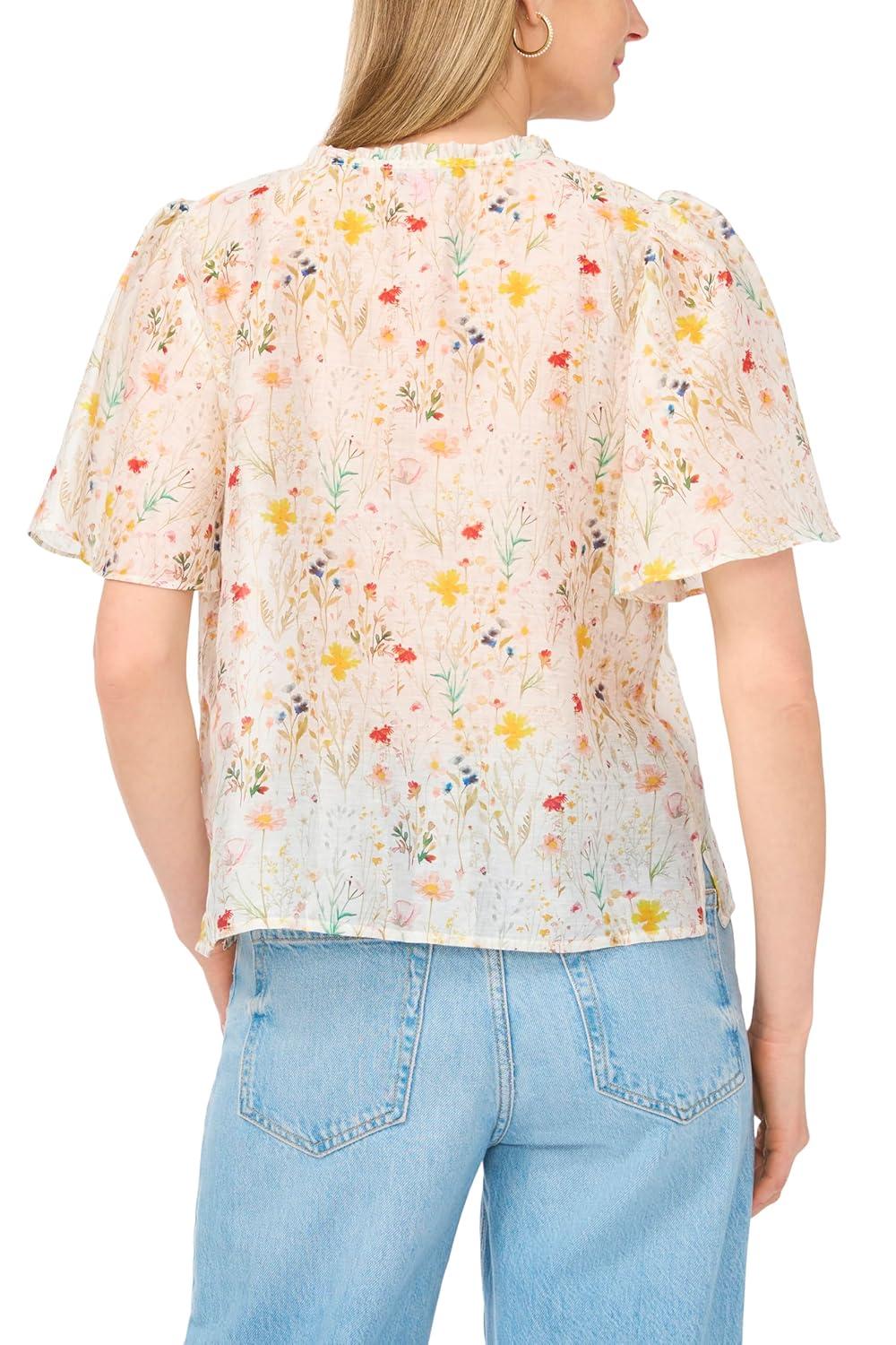 image:imageVince Camuto Womens Floral Print Tie Neck 34 Sleeve BlouseUltra White