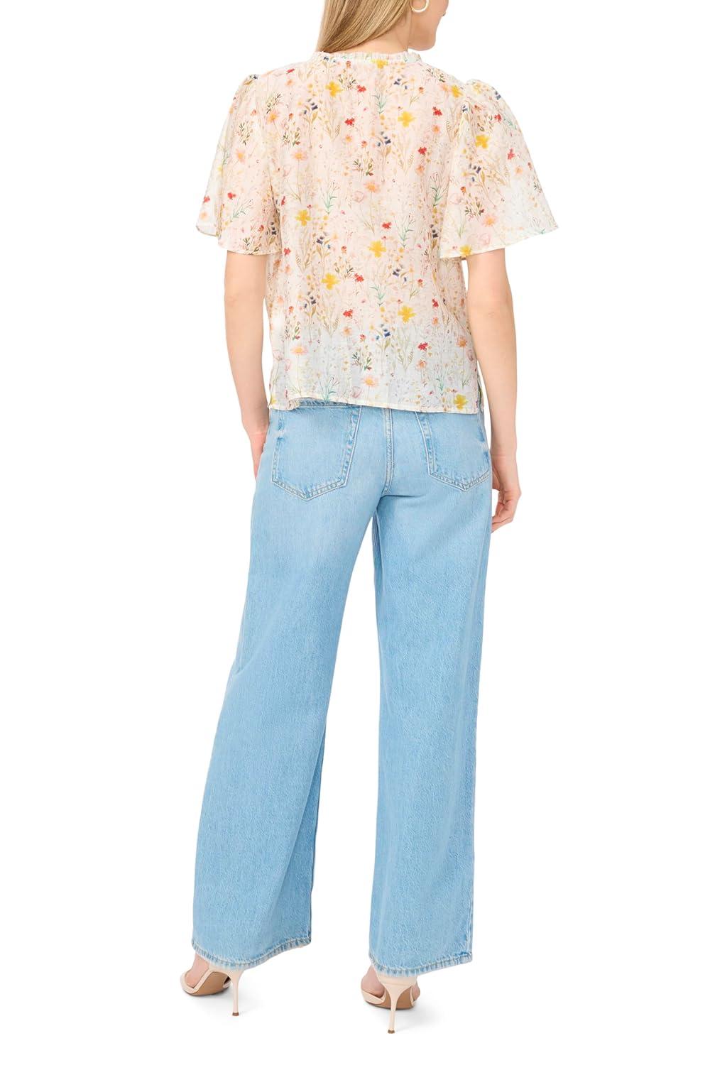 image:imageVince Camuto Womens Floral Print Tie Neck 34 Sleeve BlouseUltra White