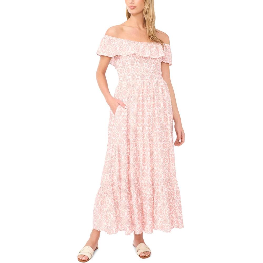 image:imageVince Camuto Womens OfftheShoulder Ruffle Tier Smocked DressRose Hip