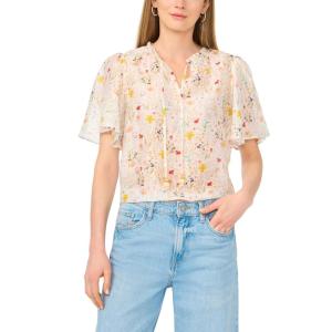 Vince Camuto Women’s Floral Print Tie Neck 3/4 Sleeve Blouse(Ultra White)