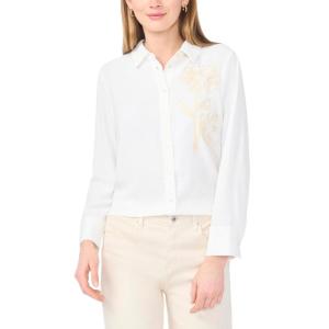 Vince Camuto Womens Longsleeve Buttondown W/Flower Applique Blouse(Ultra White)