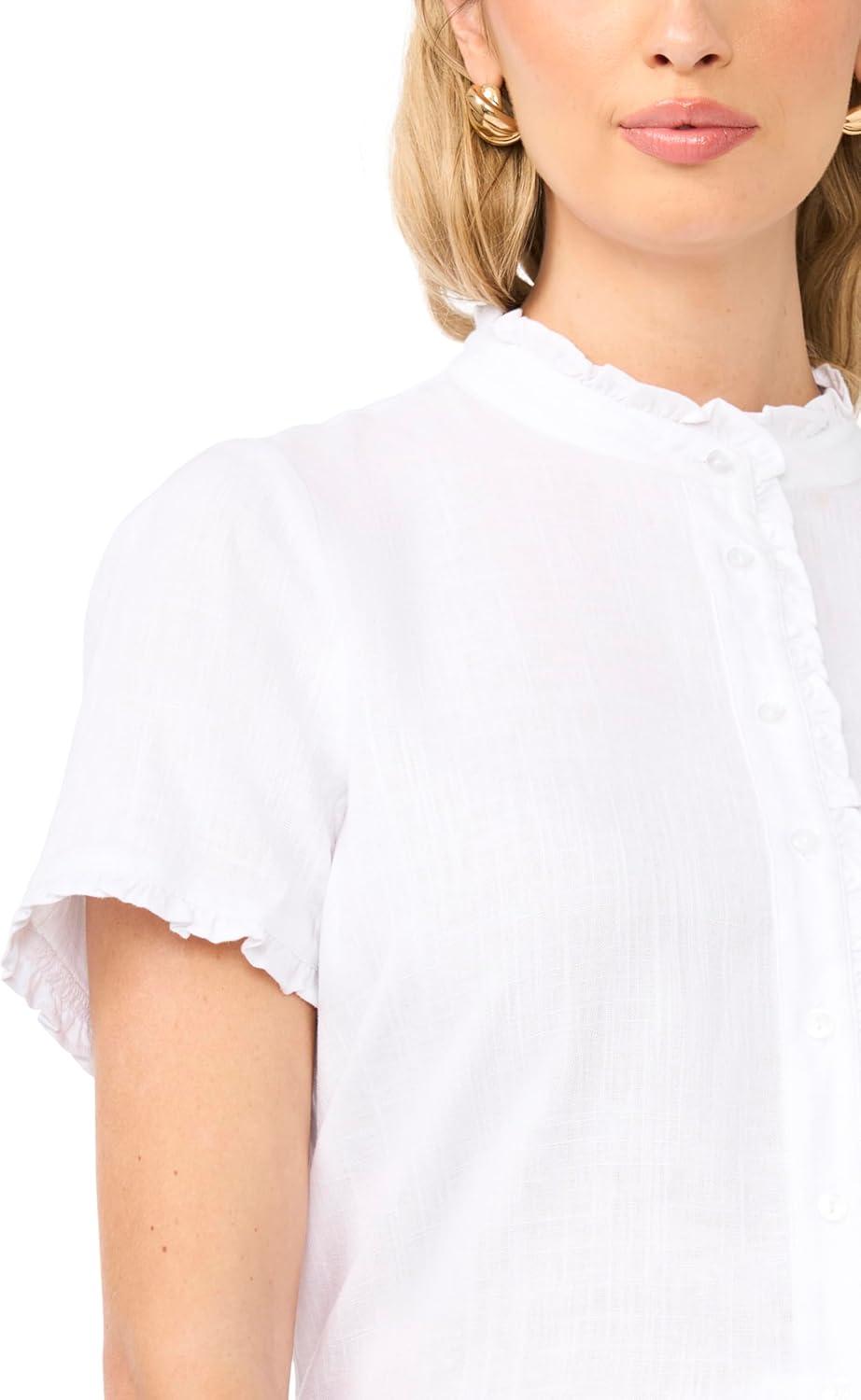 image:imageVince Camuto Womens Linen Short Sleeve Ruffle Button Down BlouseUltra White