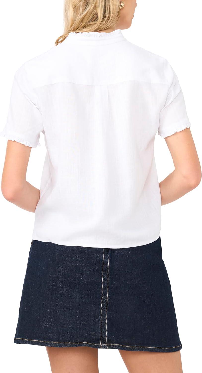 image:imageVince Camuto Womens Linen Short Sleeve Ruffle Button Down BlouseUltra White