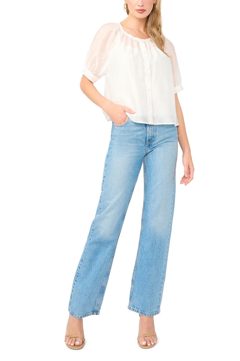 image:imageVince Camuto Womens Scoop Neck Button Down Short Sleeve Flowy TopUltra White
