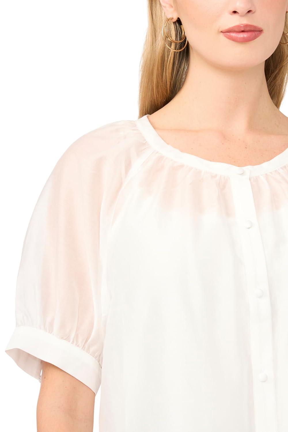 image:imageVince Camuto Womens Scoop Neck Button Down Short Sleeve Flowy TopUltra White