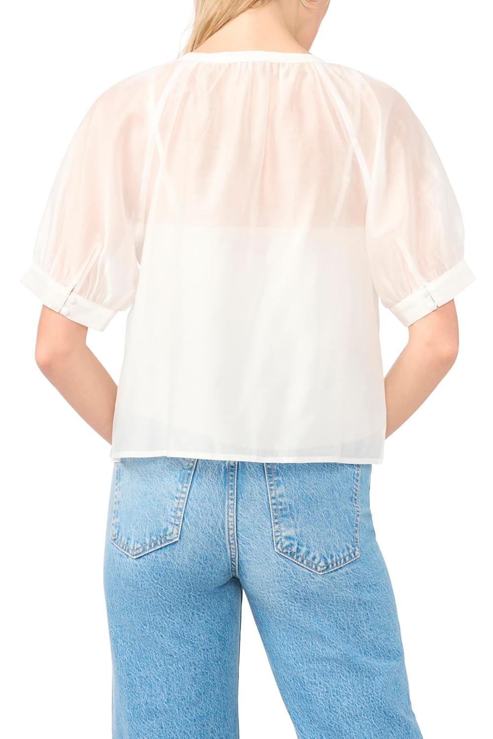 image:imageVince Camuto Womens Scoop Neck Button Down Short Sleeve Flowy TopUltra White