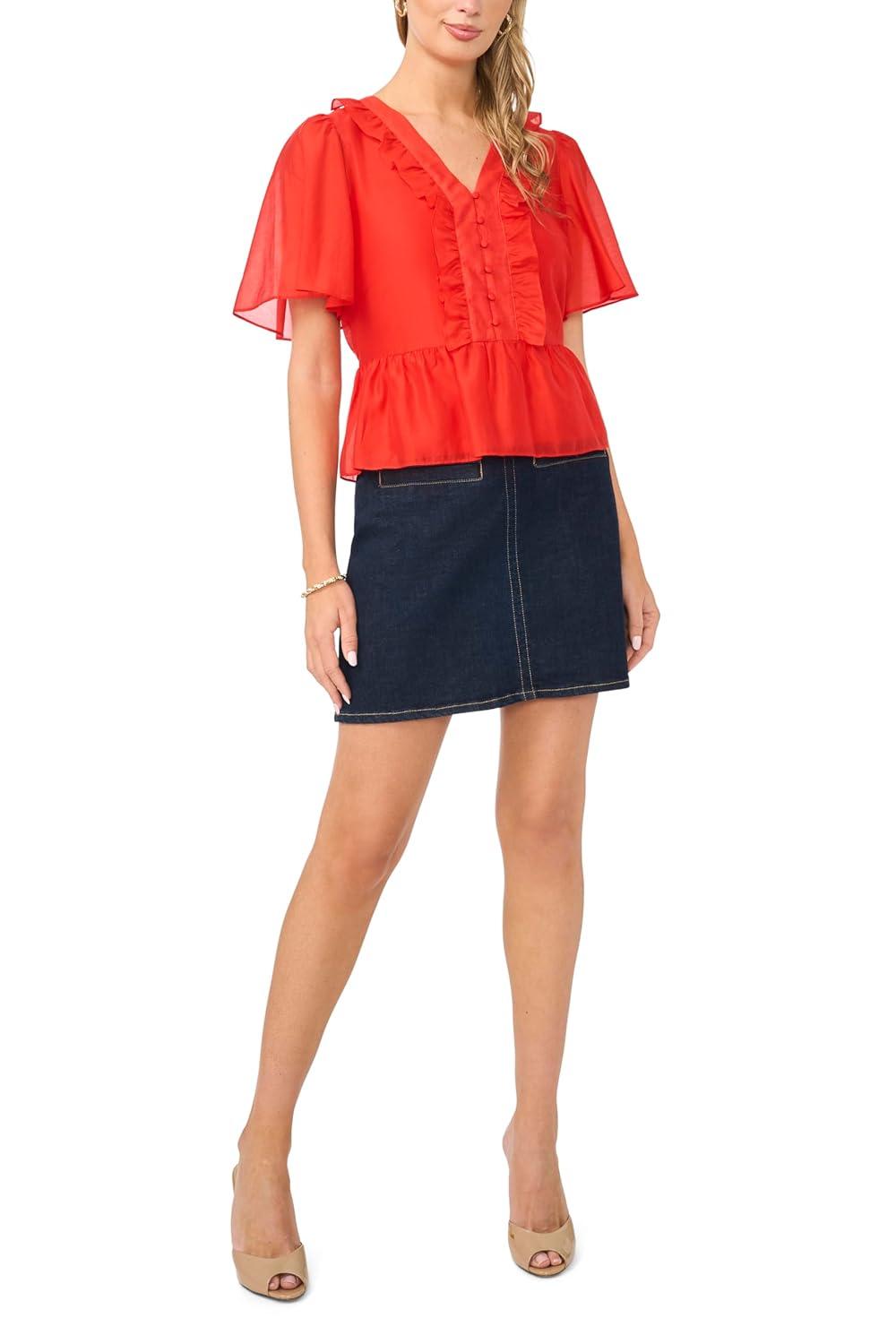 image:imageVince Camuto Womens V Neck 34 Sleeve Button Down TopLobster Red