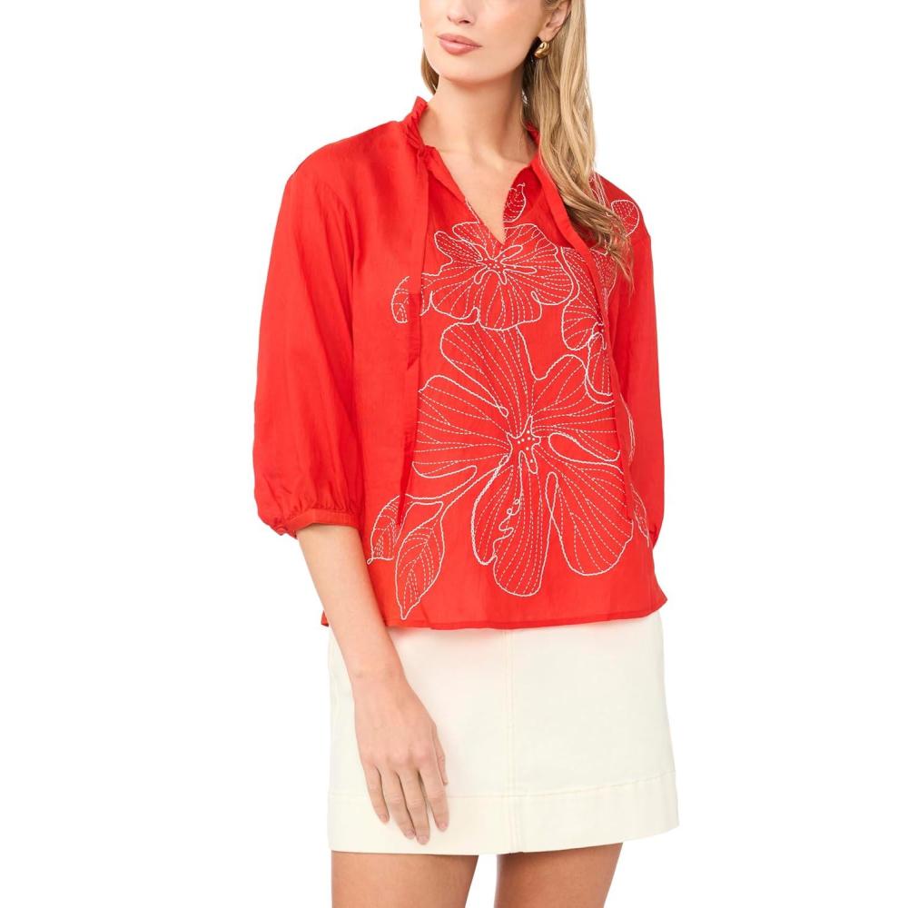 image:imageVince Camuto Womens Floral Split Neck 34 Sleeve TopLobster Red