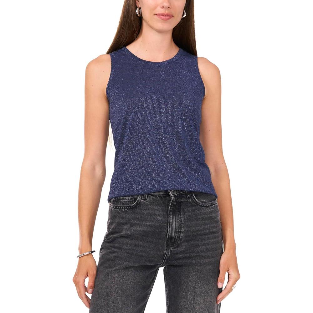 image:imageVince Camuto Womens Metallic Rib Knit Sleeveless Back Keyhole TankVintage Blue