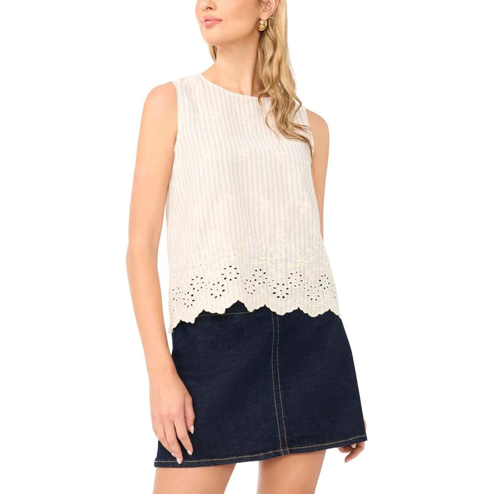 image:imageVince Camuto Womens Sleeveless Linen Stripe Embroidery Crew Neck TopBirch