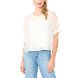 Vince Camuto Women’s Scoop Neck Button Down Short Sleeve Flowy Top(Ultra White)